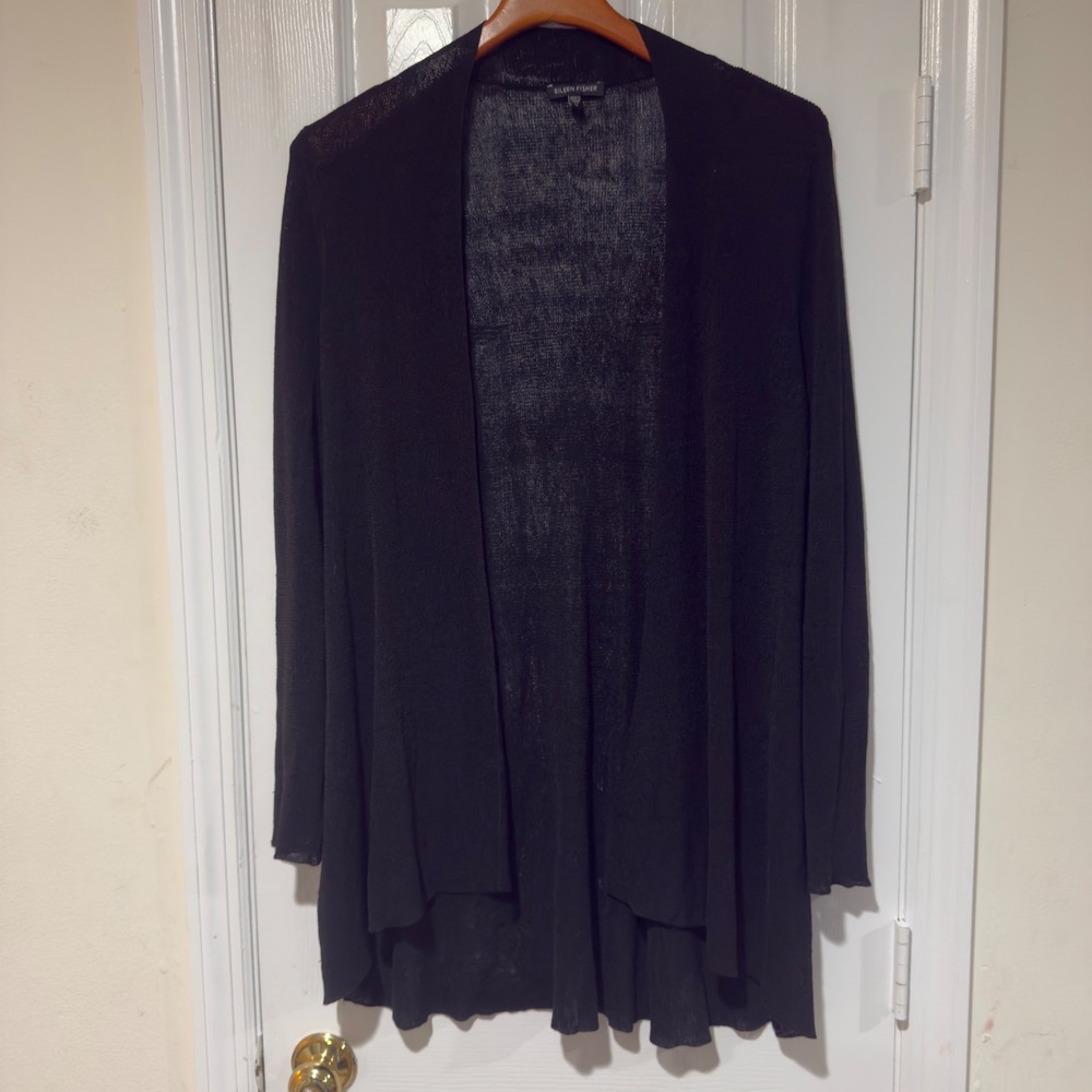 Eileen Fisher Black Linen Nylon Long Open Front Cardigan Sweater M